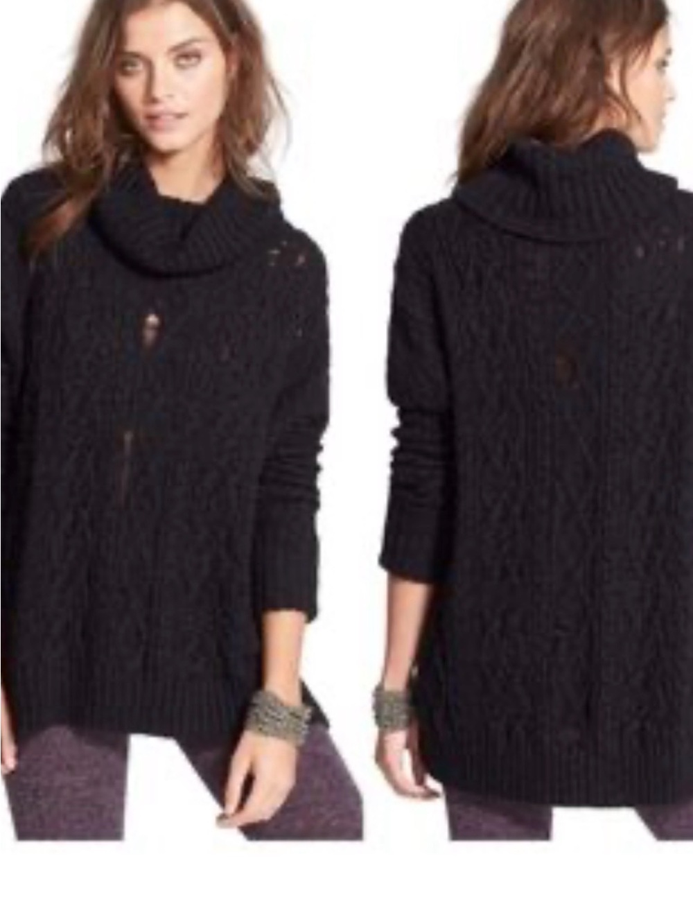 Free People Black Chunky Cable Cowl Sweater SZ M